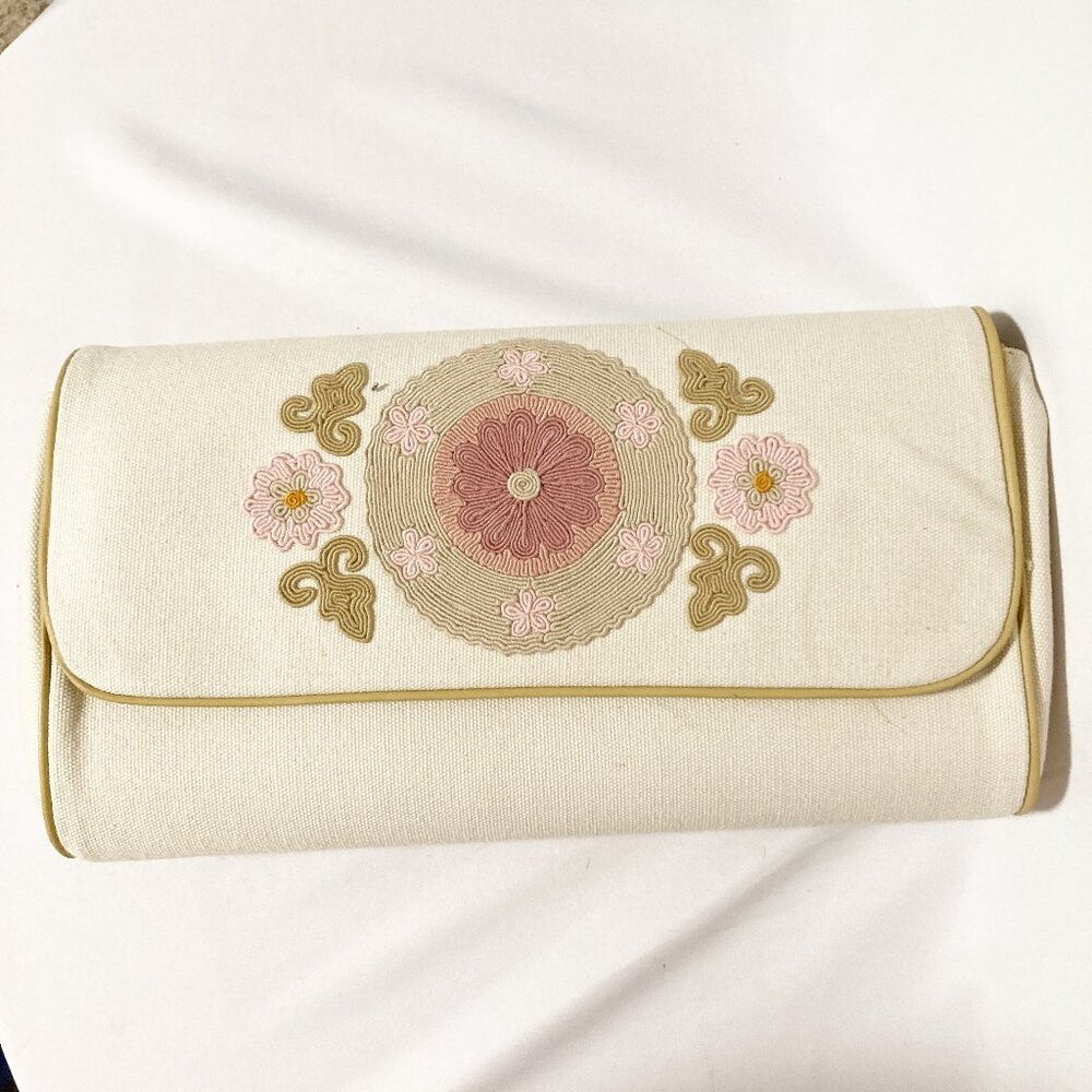 Serena & Lily Cream Embroidered Floral Clutch with Pink and Gold Accents
